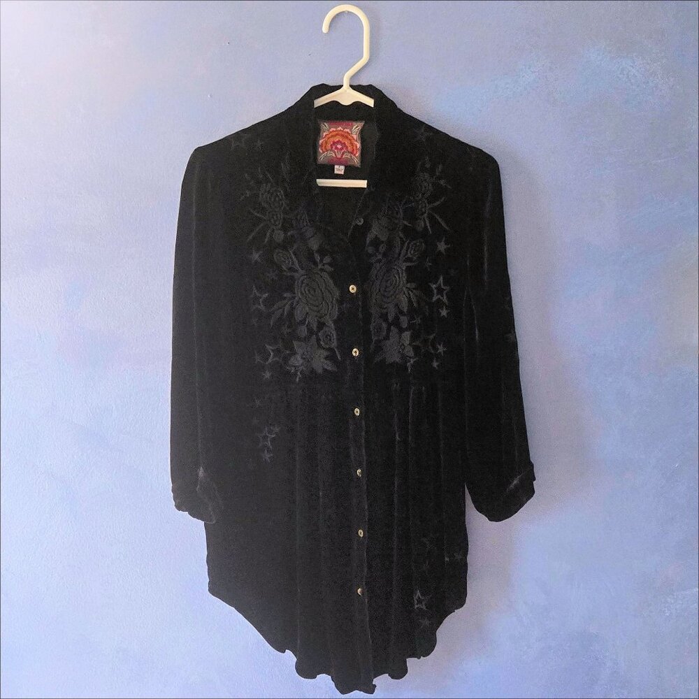 Johnny Was black Roberta Velvet Smocked Blouse with floral embroidery  NWOT